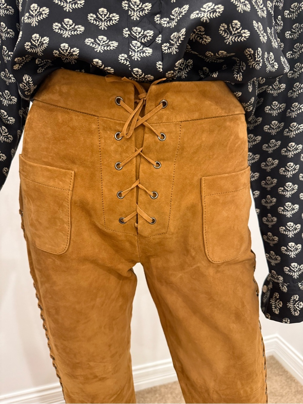 Paul & Joe 100% Suede Leather Lace-Up Pants Camel 36 never worn western boho